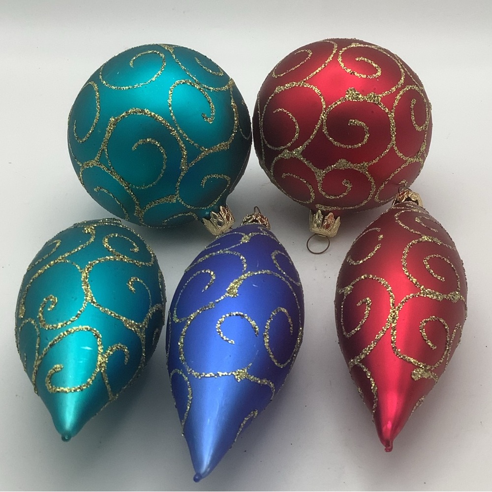 Elegant Glass Holiday Ornament Set - Red, Blue, and Teal with Gold Accents